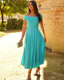 Batismos E Comunhões | Convidado Do Casamento>Feversave Vestido de cashmere turquesa