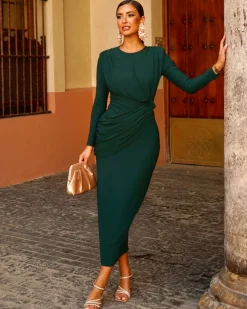 Batismos E Comunhões | Convidado Do Casamento>Feversave Vestido verde conhaque